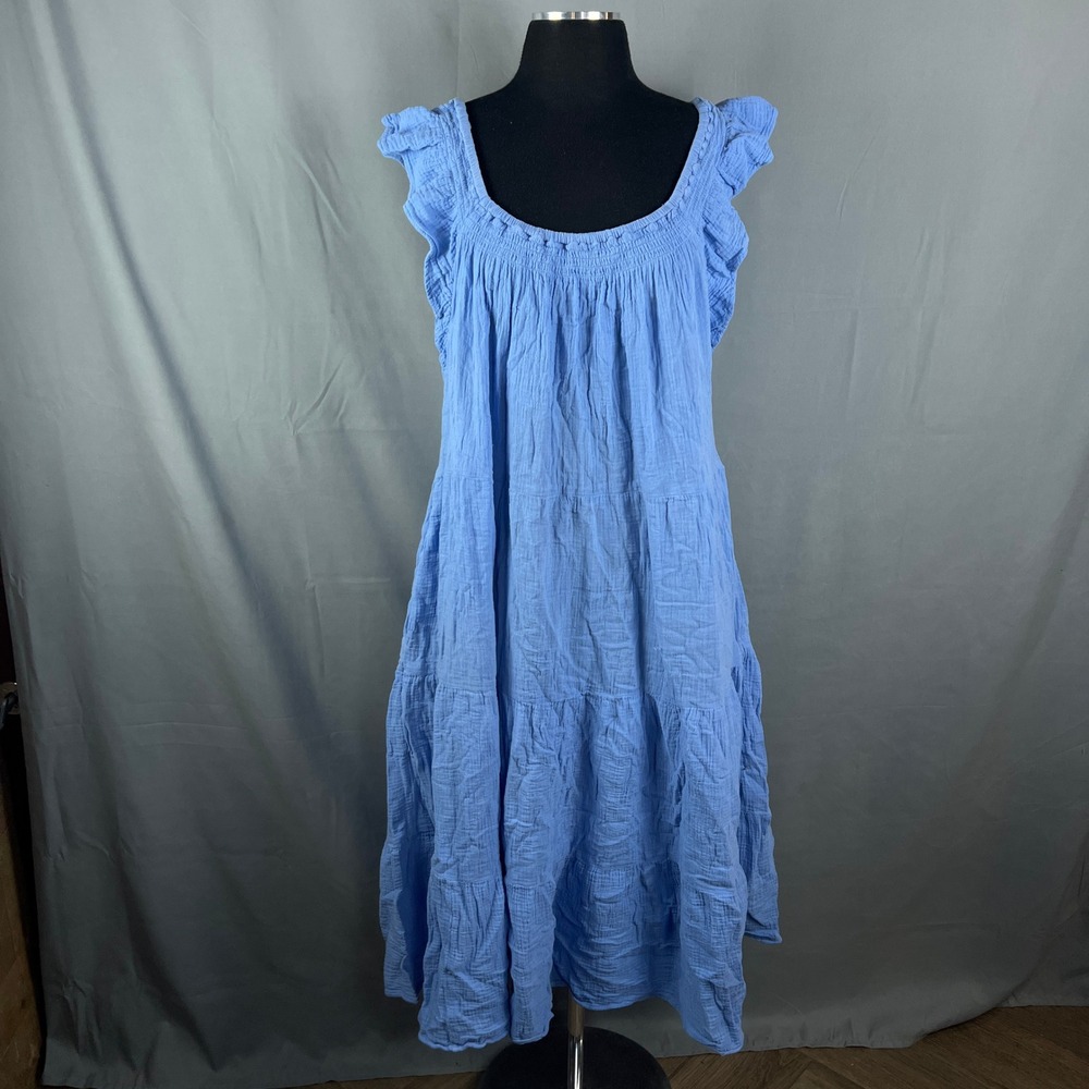 Beachlunchlounge Midi Dress Womens 2XL Blue Tiered Flowy Ruffled Shoulder Straps